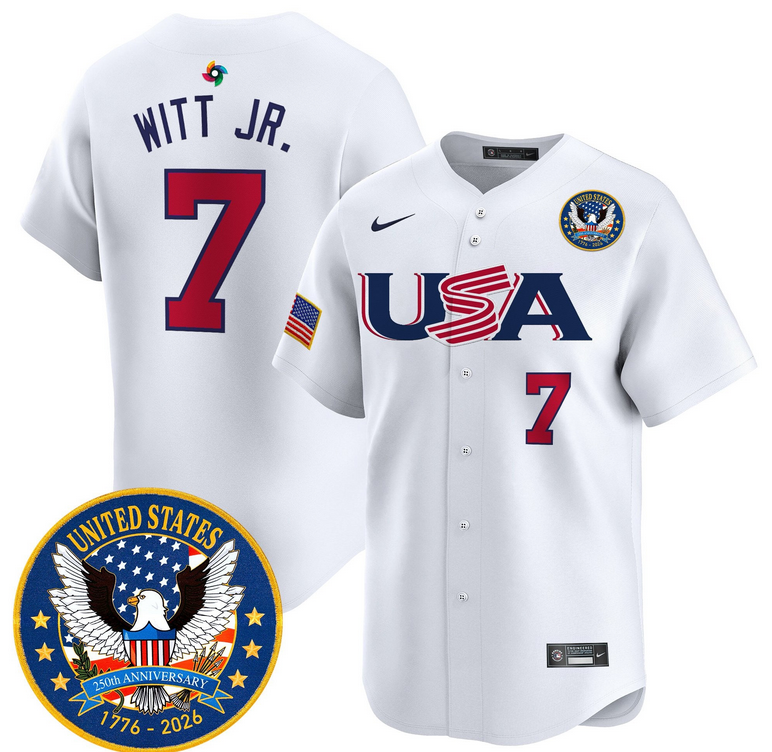 Men Team USA World Baseball Classic 250th Anniversary #7 Witt Jr white 2026 Roster Patch Vapor Jersey->->